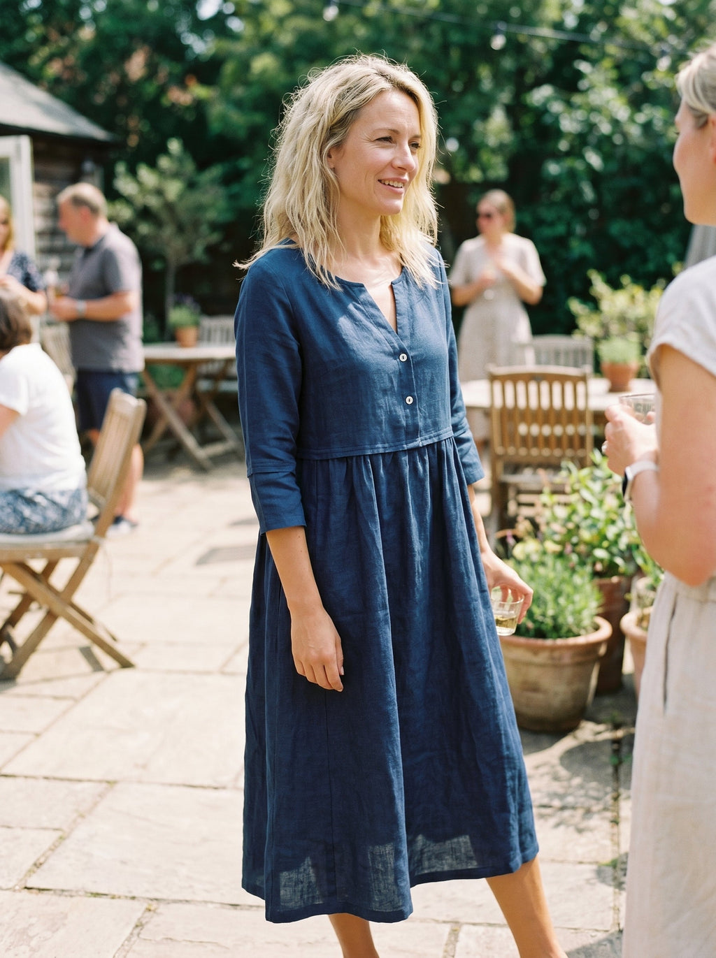 100% Linen Loose Fit Button Waist Gathered Maxi Dress LUNA