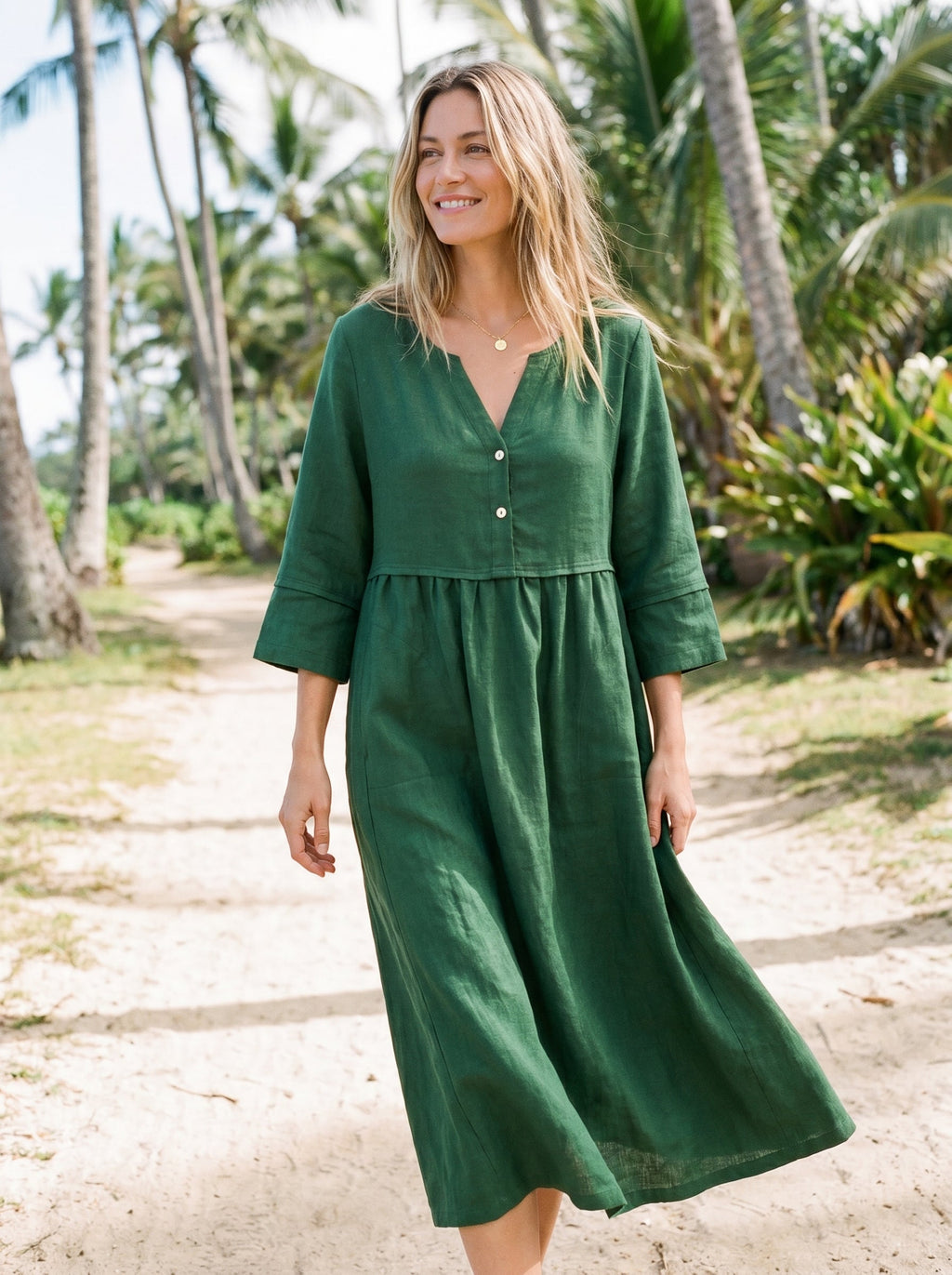 100% Linen Loose Fit Button Waist Gathered Maxi Dress LUNA