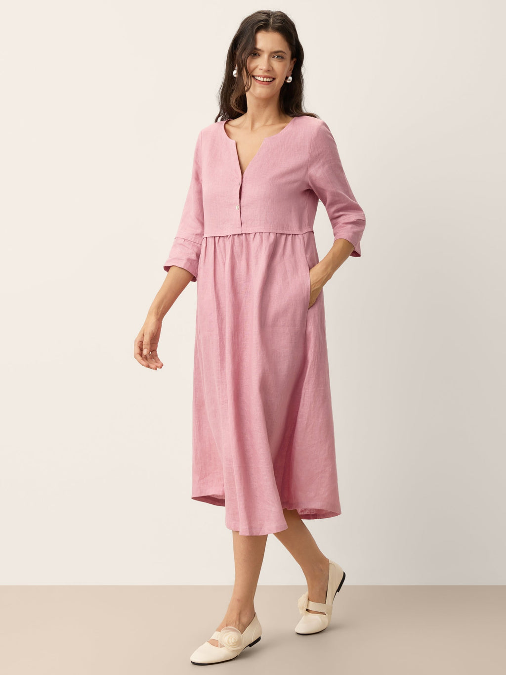 100% Linen Loose Fit Button Waist Gathered Maxi Dress LUNA