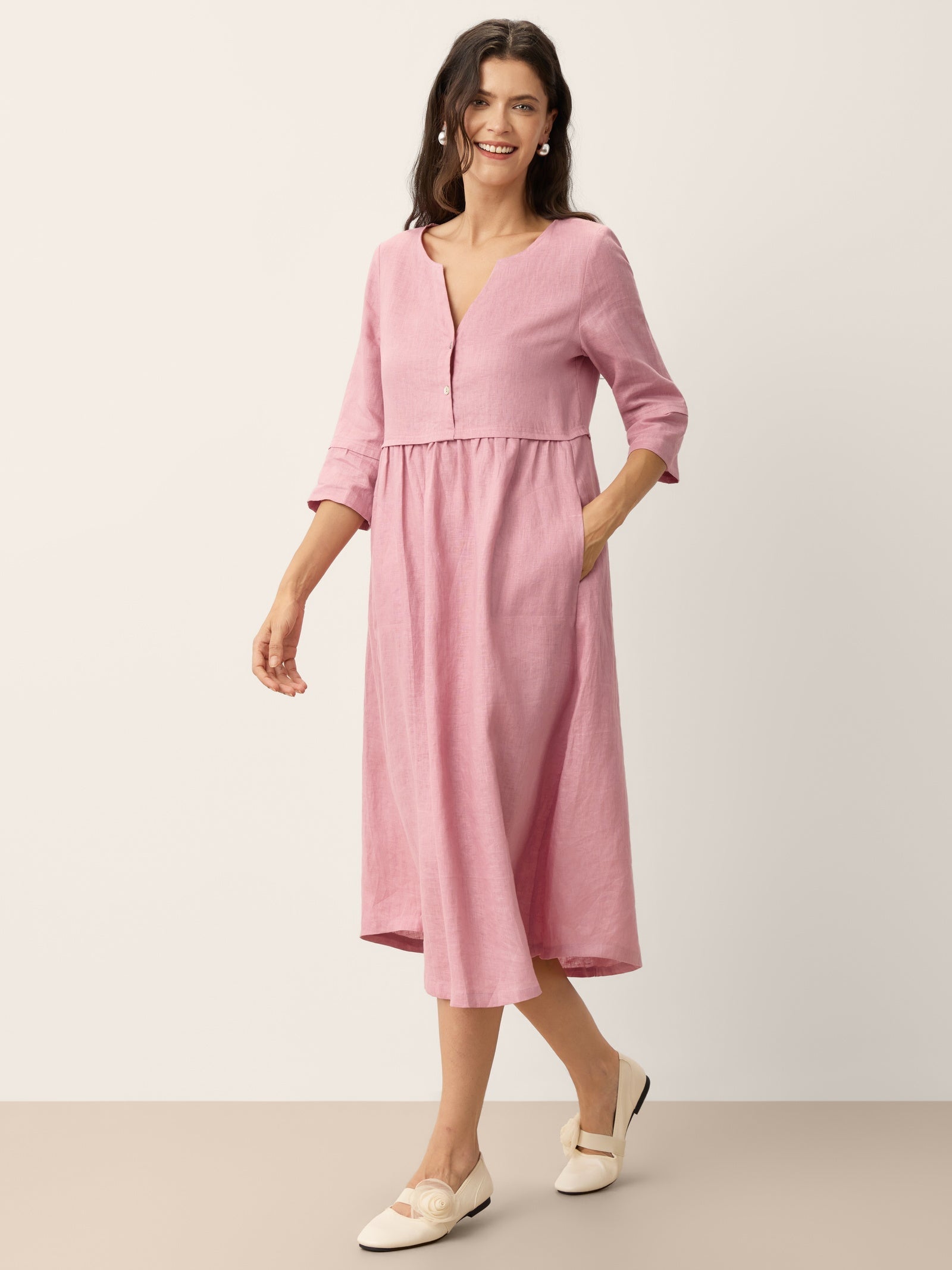 100% Linen Loose Fit Button Waist Gathered Maxi Dress LUNA