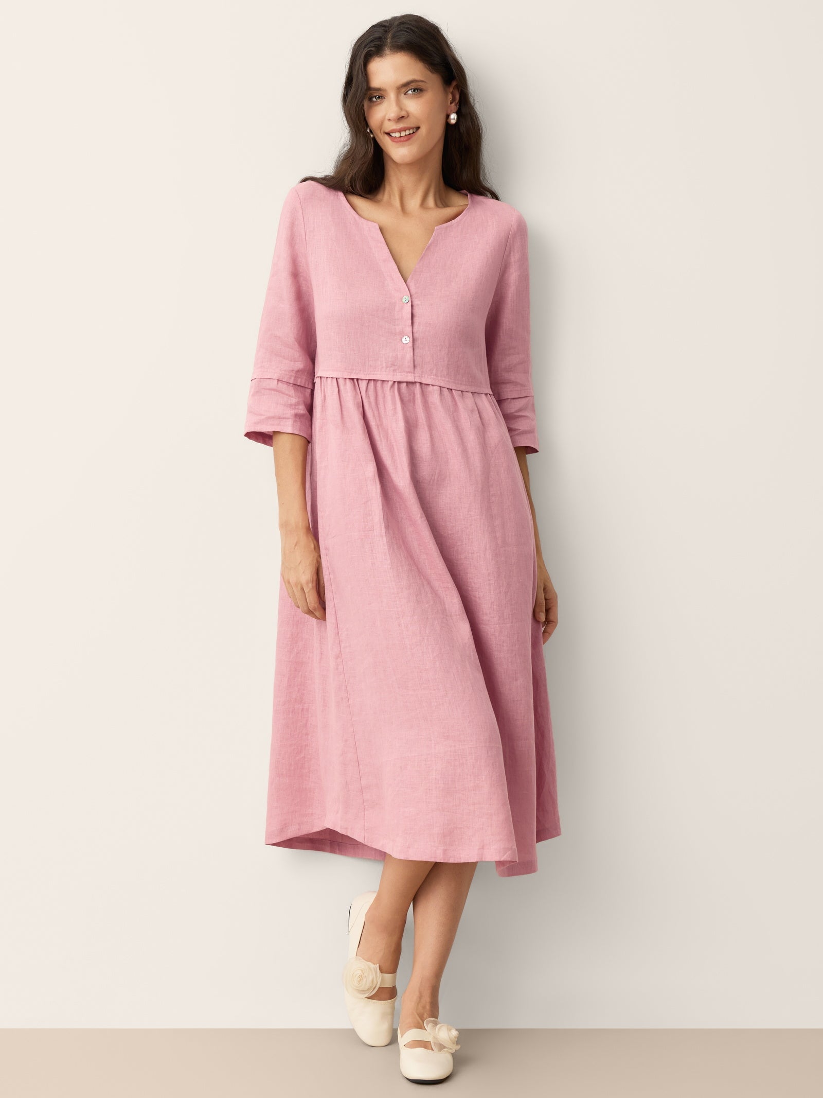 100% Linen Loose Fit Button Waist Gathered Maxi Dress LUNA