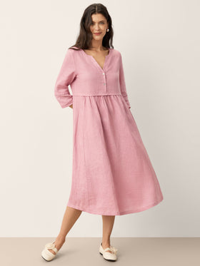 100% Linen Loose Fit Button Waist Gathered Maxi Dress LUNA