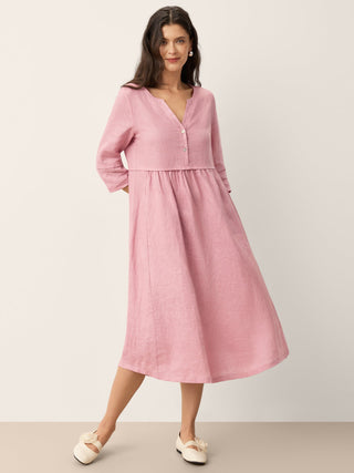 100% Linen Loose Fit Button Waist Gathered Maxi Dress LUNA