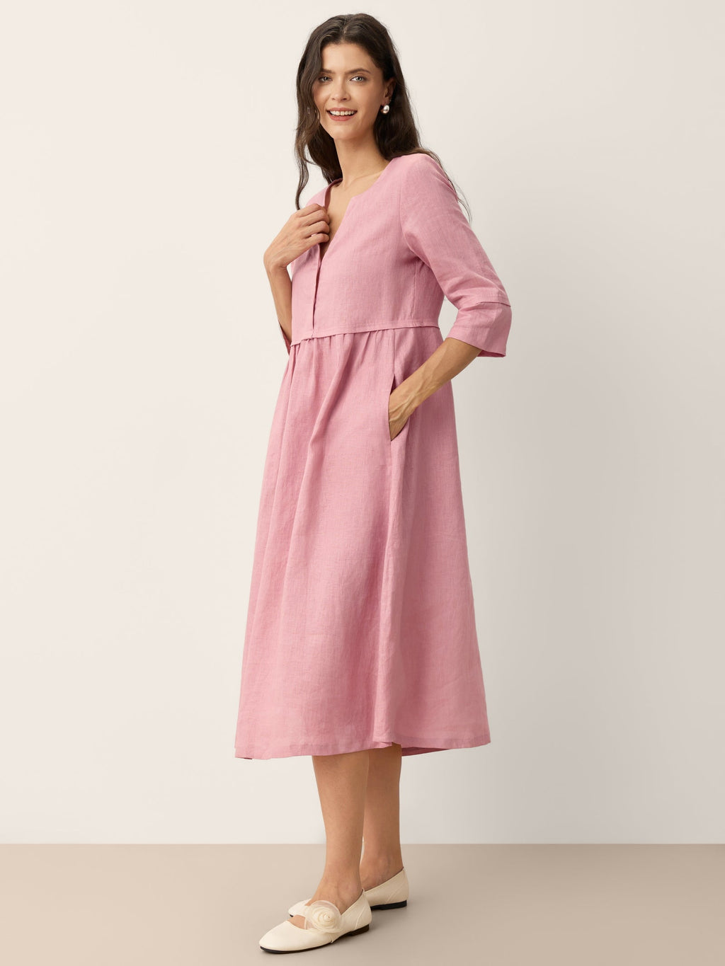 100% Linen Loose Fit Button Waist Gathered Maxi Dress LUNA