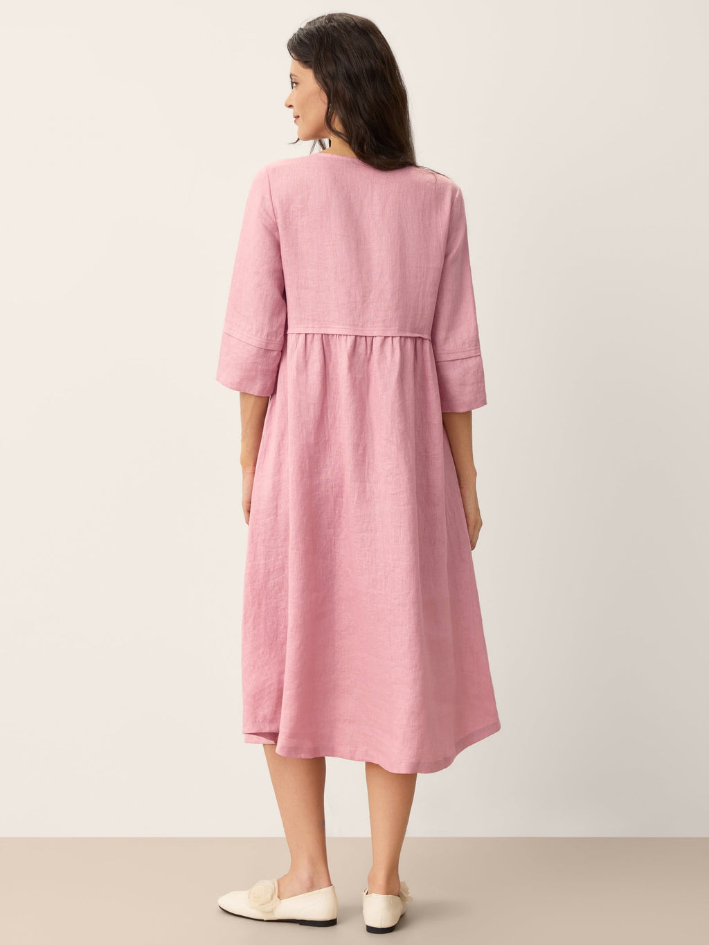 100% Linen Loose Fit Button Waist Gathered Maxi Dress LUNA