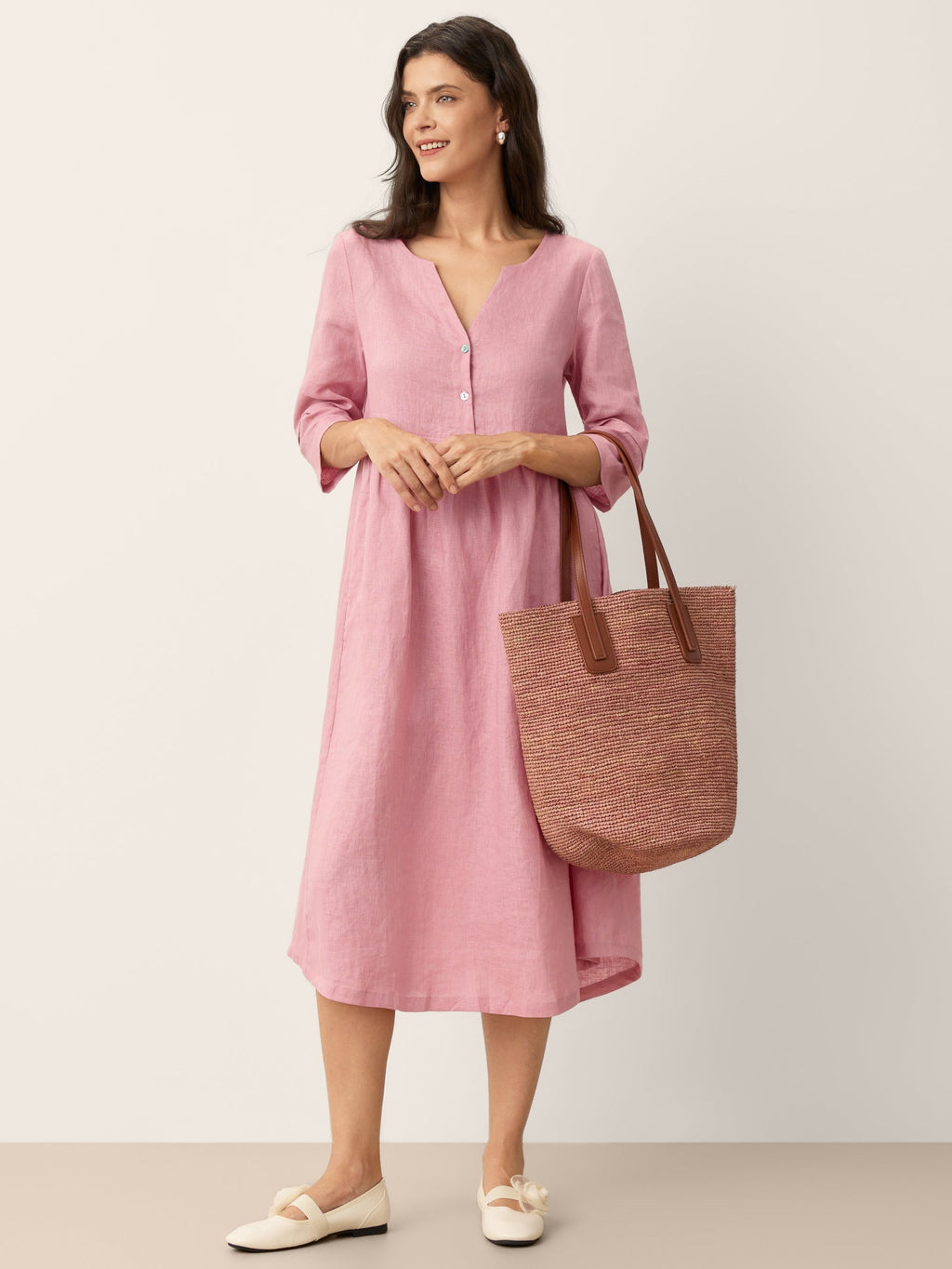 100% Linen Loose Fit Button Waist Gathered Maxi Dress LUNA