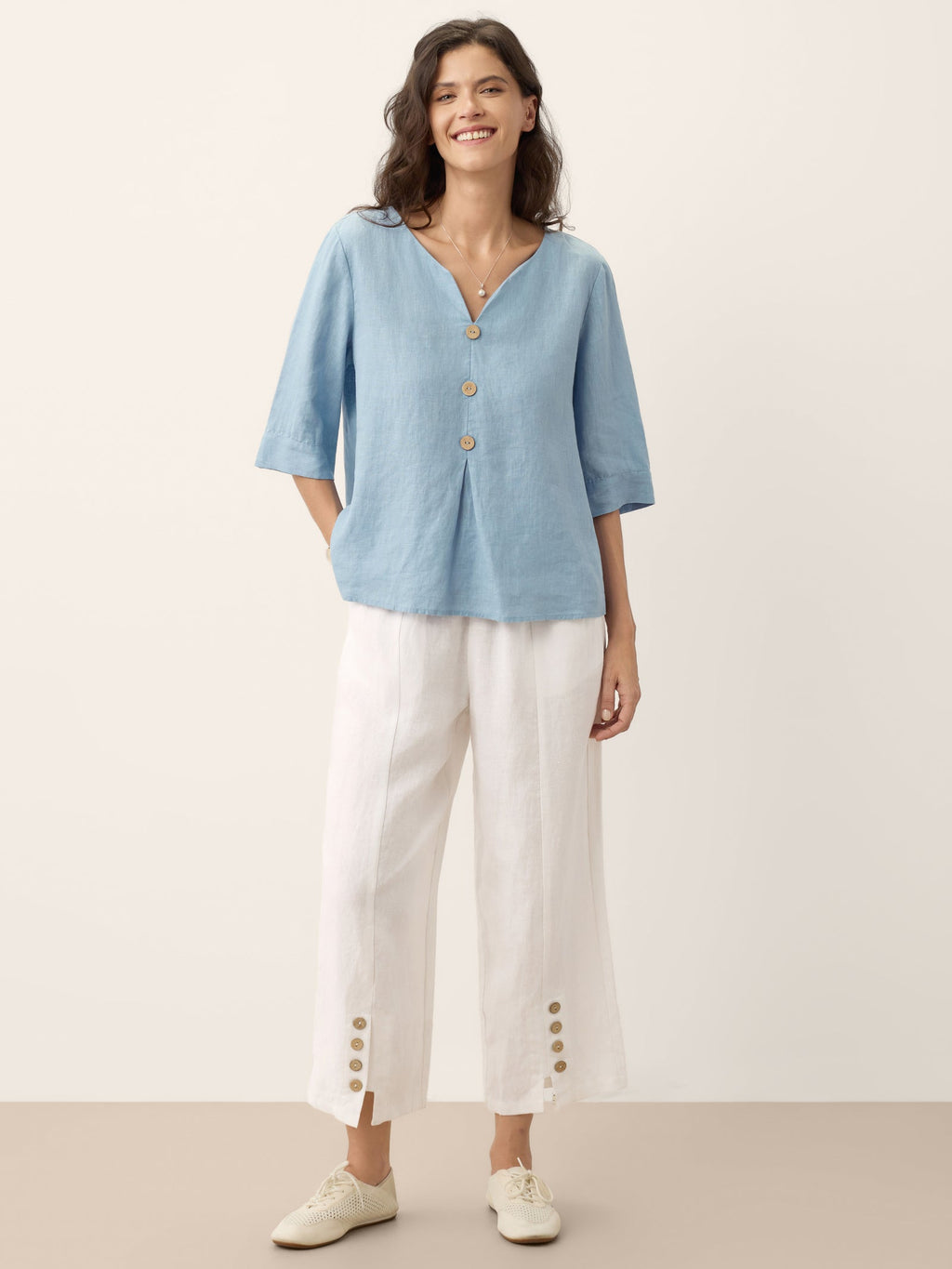 LINTICO 100% Linen Split Neck Inverted Pleat Top TABITHA — size reference