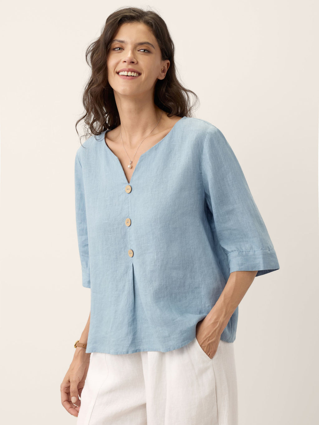 LINTICO 100% Linen Split Neck Inverted Pleat Top TABITHA — alternative angle