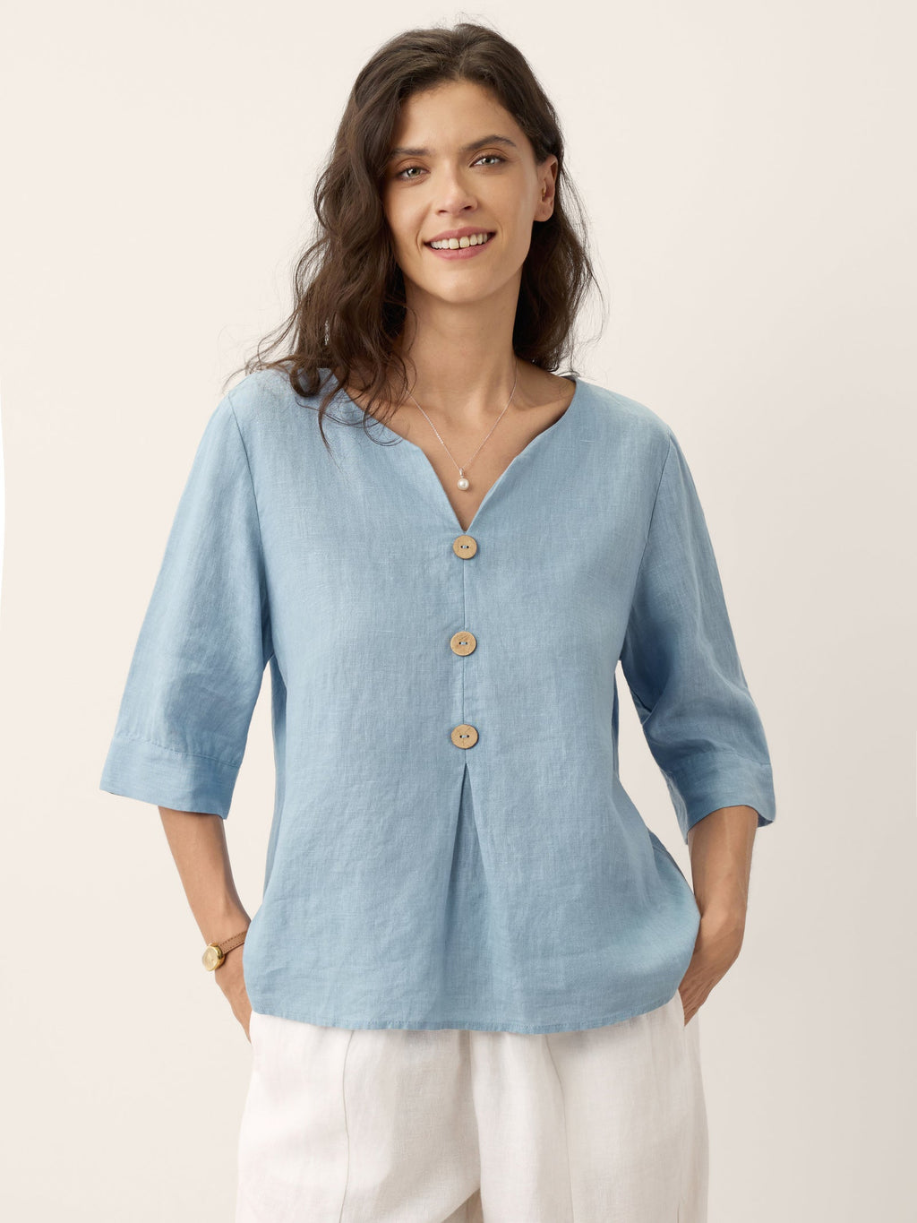 LINTICO 100% Linen Split Neck Inverted Pleat Top TABITHA — main product shot