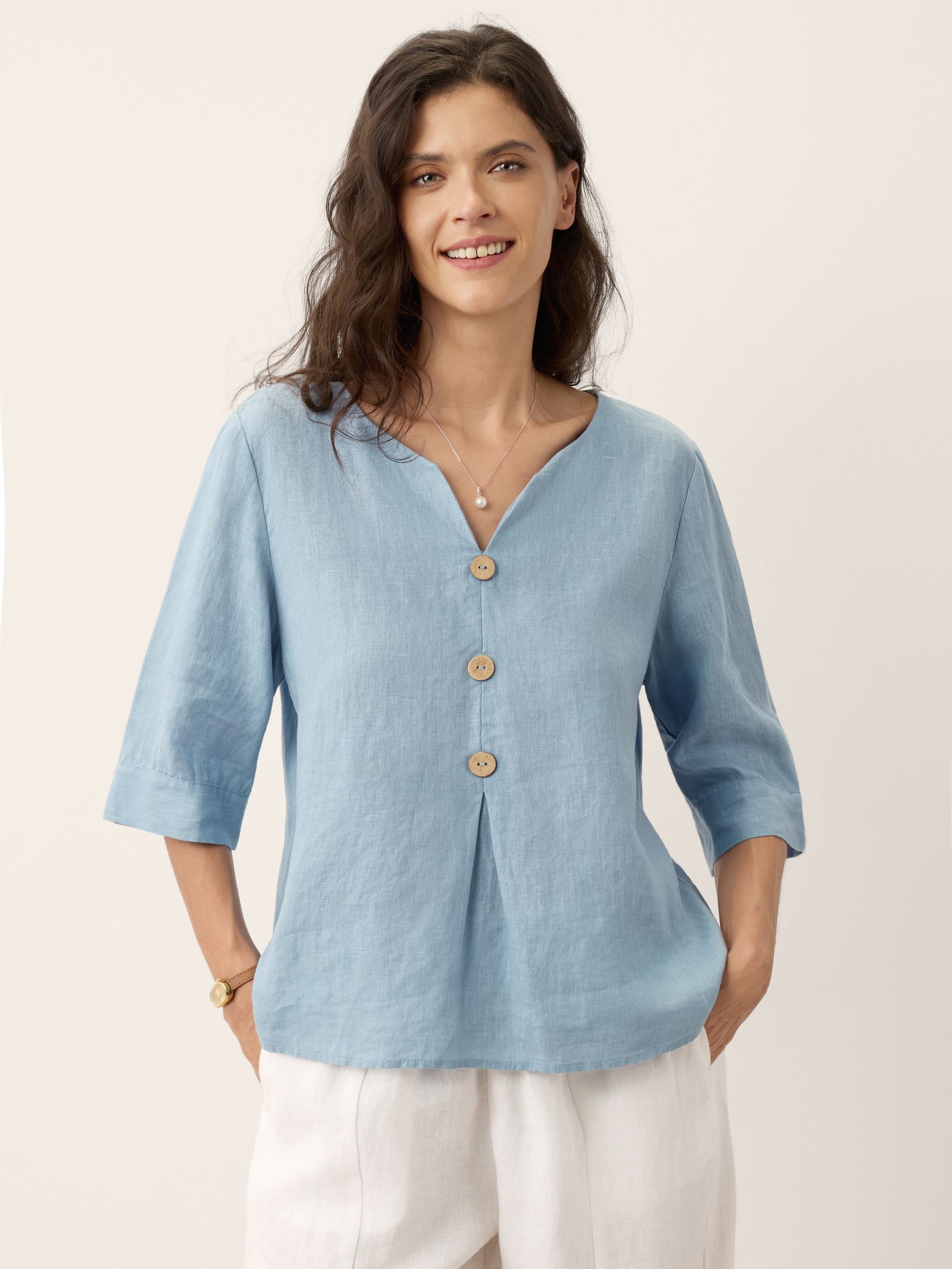 LINTICO 100% Linen Split Neck Inverted Pleat Top TABITHA — main product shot