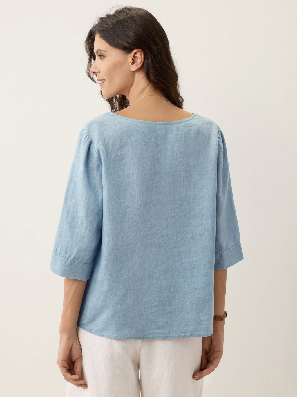 LINTICO 100% Linen Split Neck Inverted Pleat Top TABITHA — back view