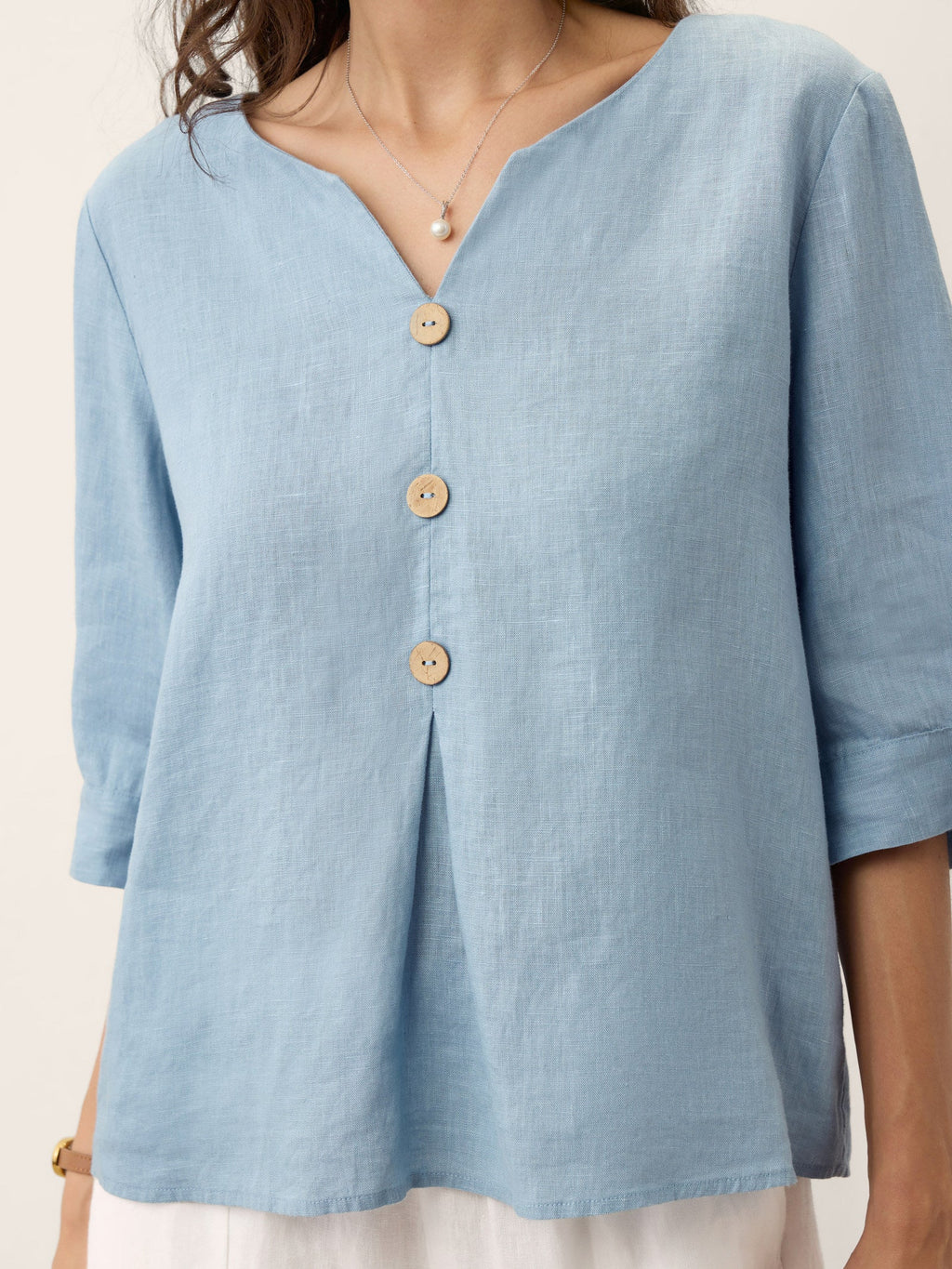 LINTICO 100% Linen Split Neck Inverted Pleat Top TABITHA — lifestyle context