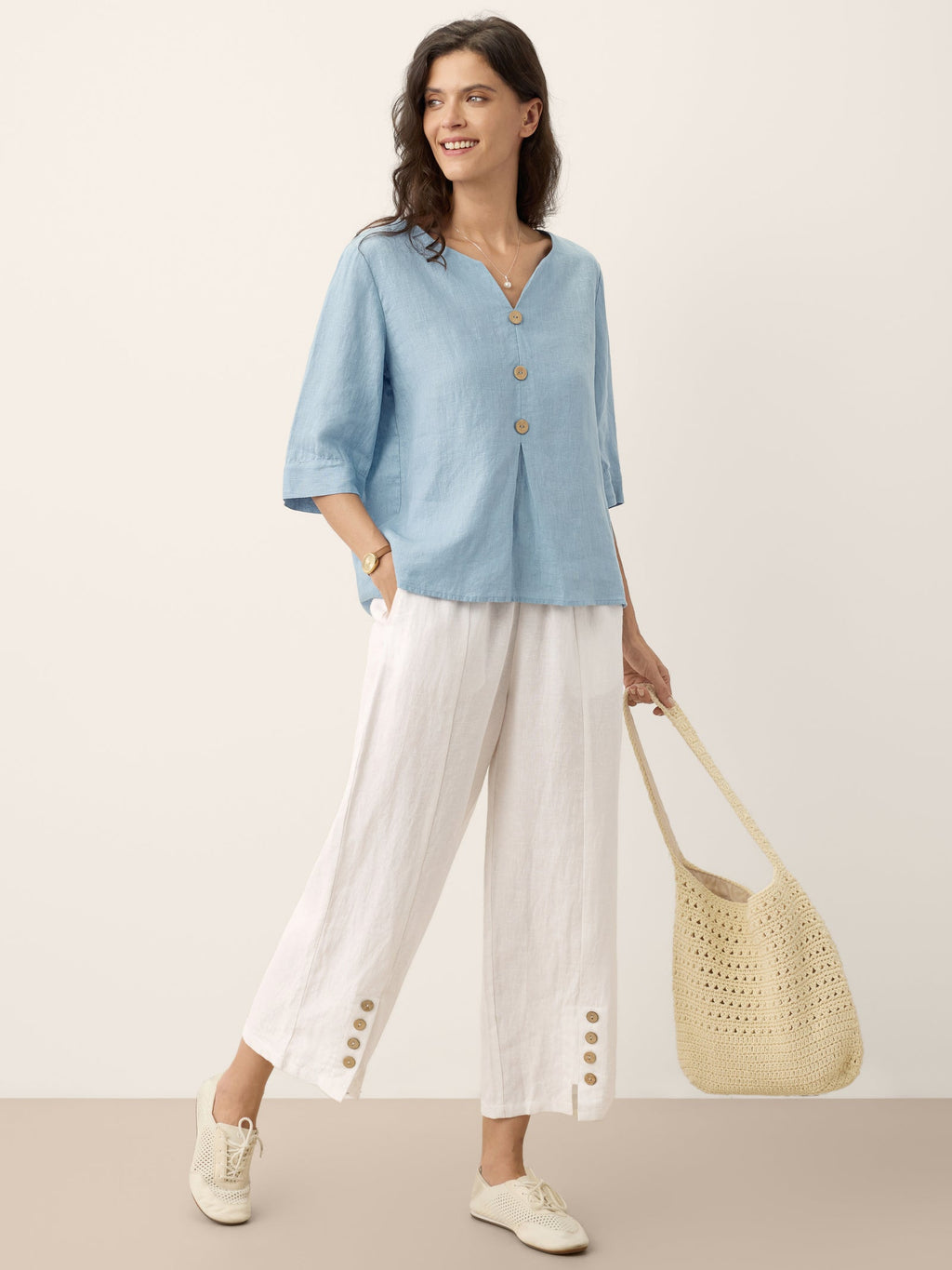 LINTICO 100% Linen Split Neck Inverted Pleat Top TABITHA — in-use photo