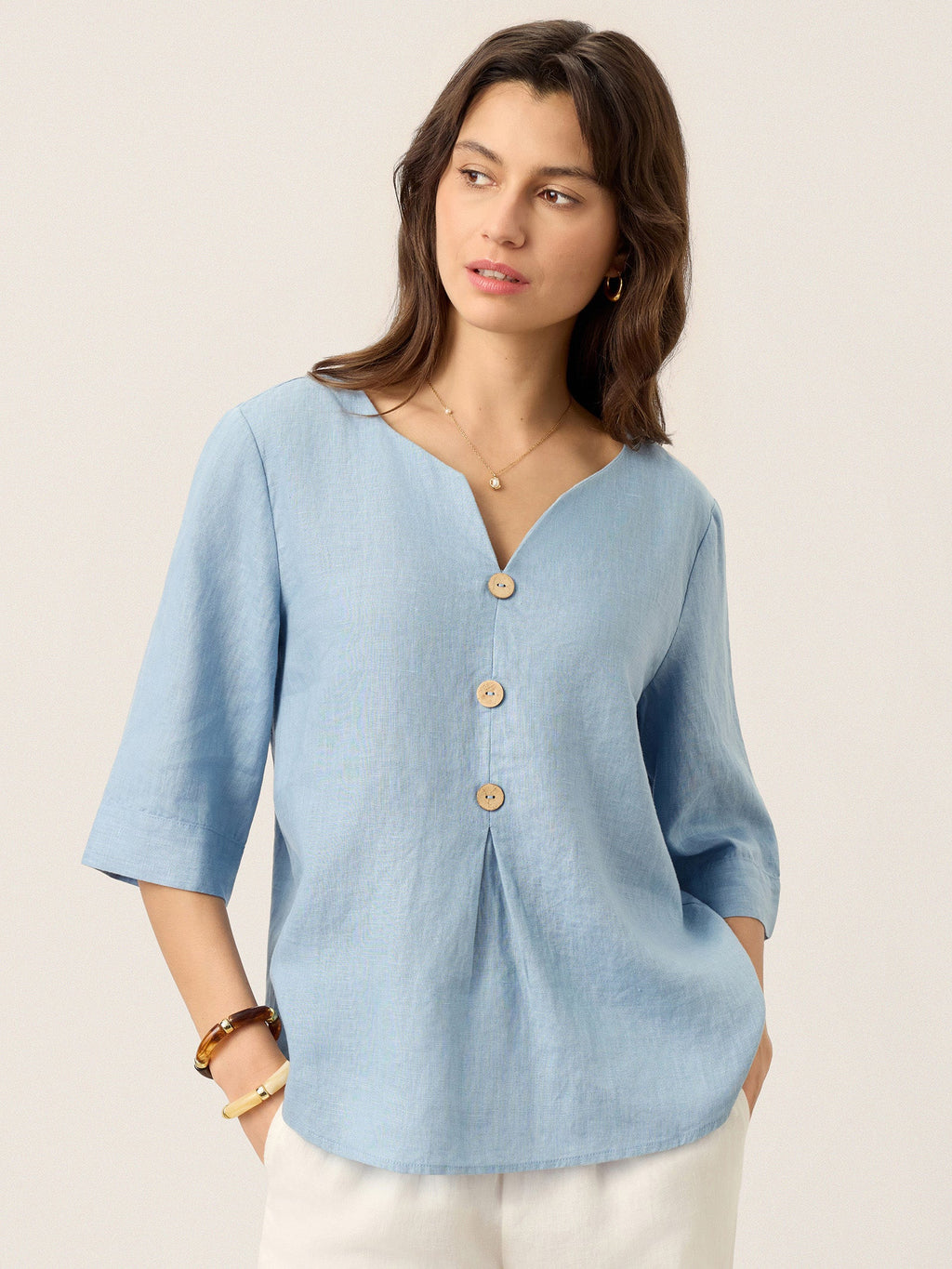 LINTICO 100% Linen Split Neck Inverted Pleat Top TABITHA — main product shot