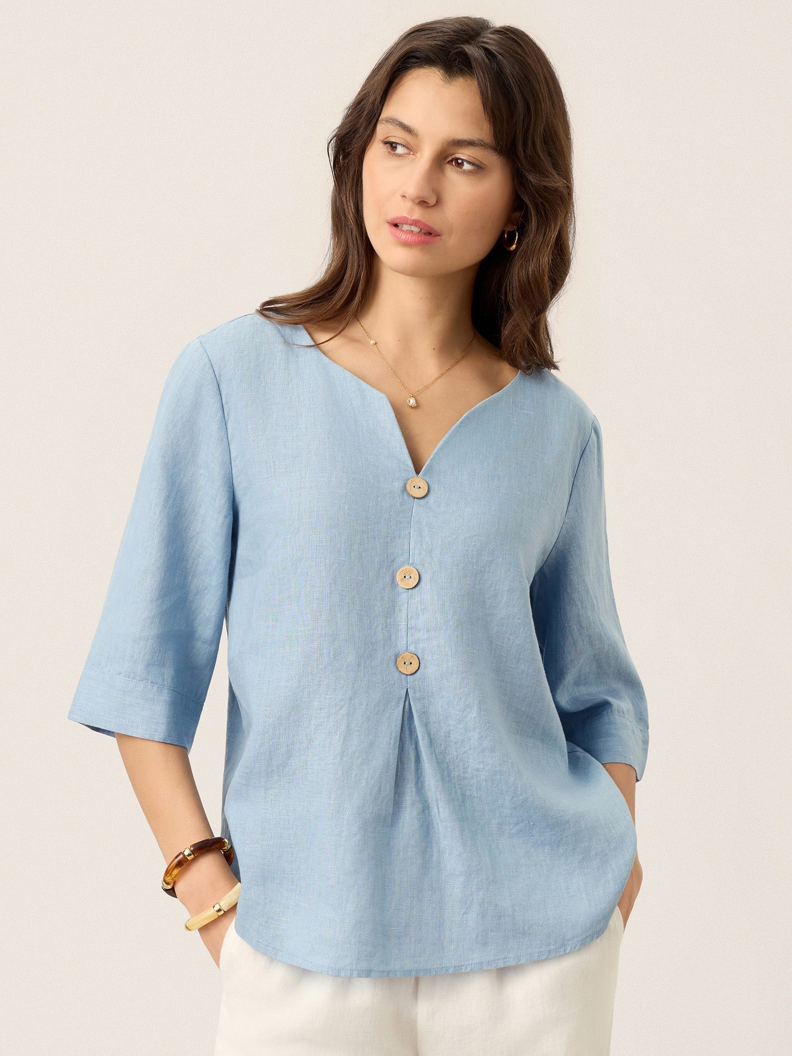 LINTICO 100% Linen Split Neck Inverted Pleat Top TABITHA — main product shot