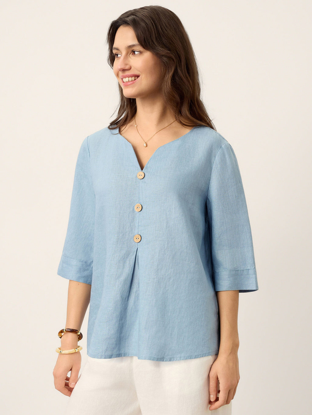 LINTICO 100% Linen Split Neck Inverted Pleat Top TABITHA — tops-blouses-linen category context