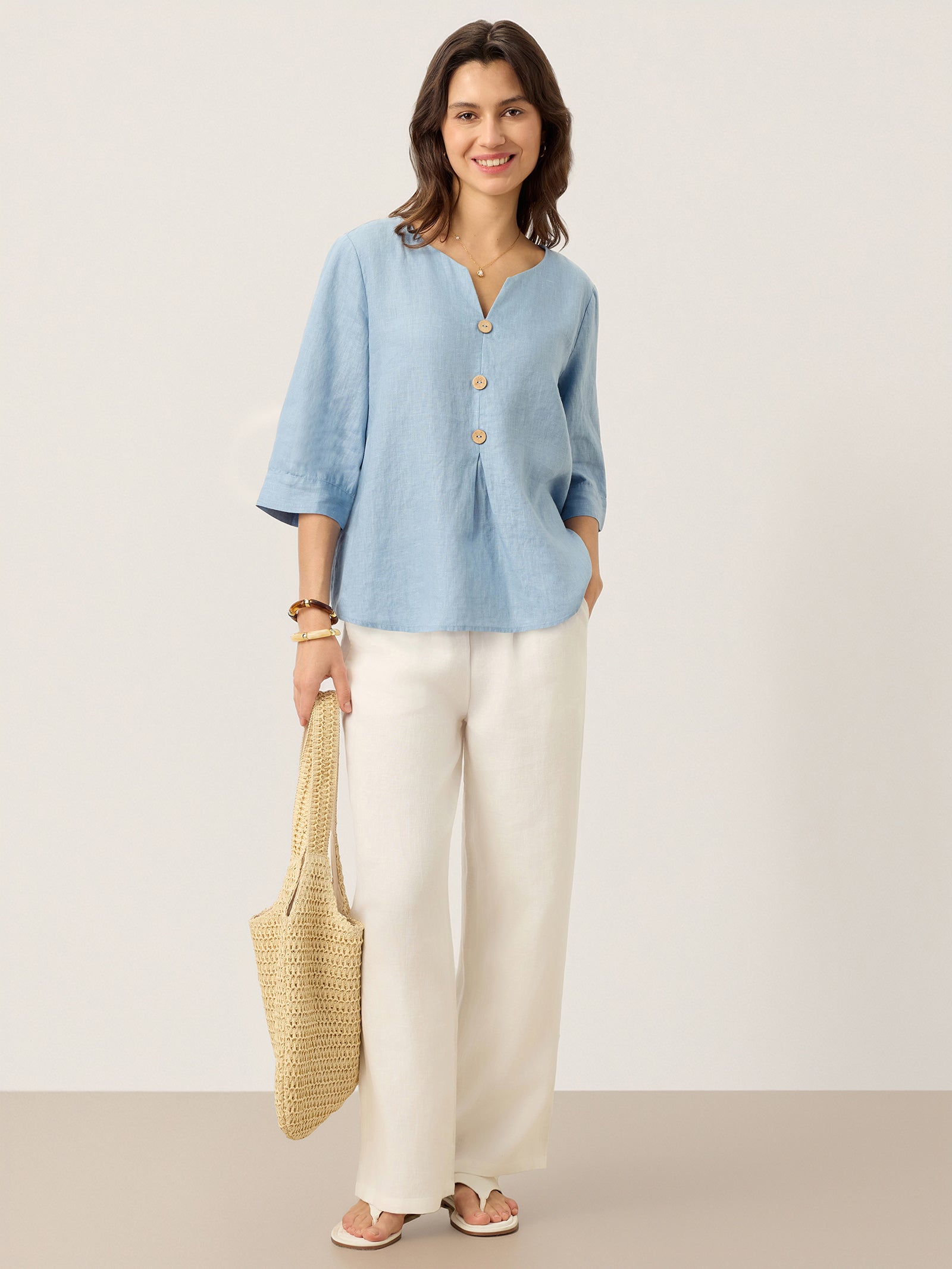 LINTICO 100% Linen Split Neck Inverted Pleat Top TABITHA — detail shot 8