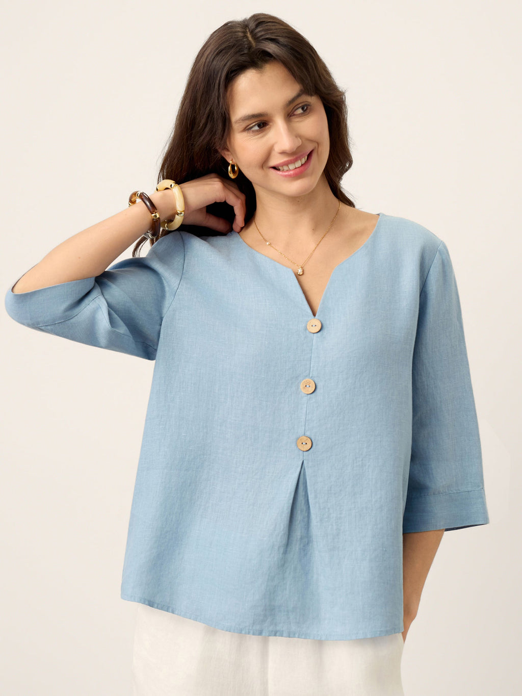 LINTICO 100% Linen Split Neck Inverted Pleat Top TABITHA — lifestyle worn / used context