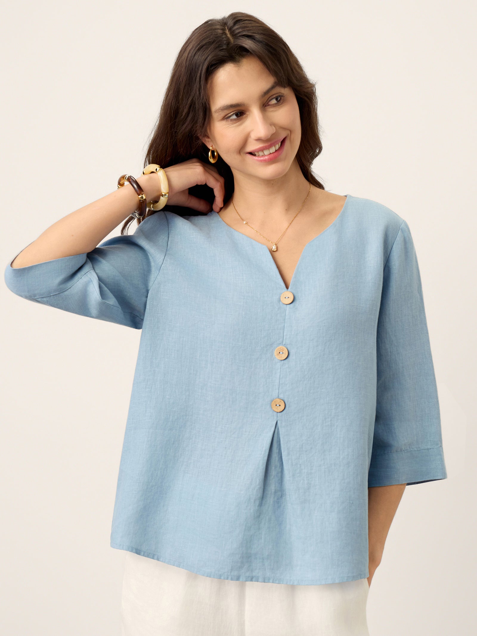 LINTICO 100% Linen Split Neck Inverted Pleat Top TABITHA — lifestyle worn / used context