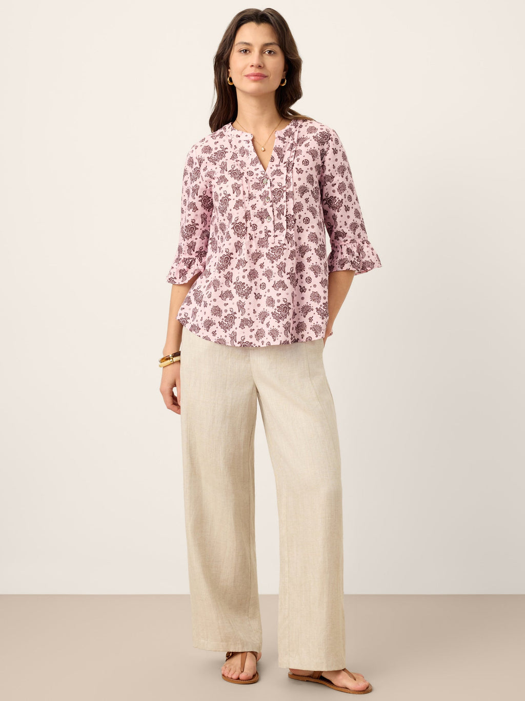 LINTICO Linen Paisley Pintucked Ruffle-Cuff Curved Hem Blouse ILARIA — comparison shot