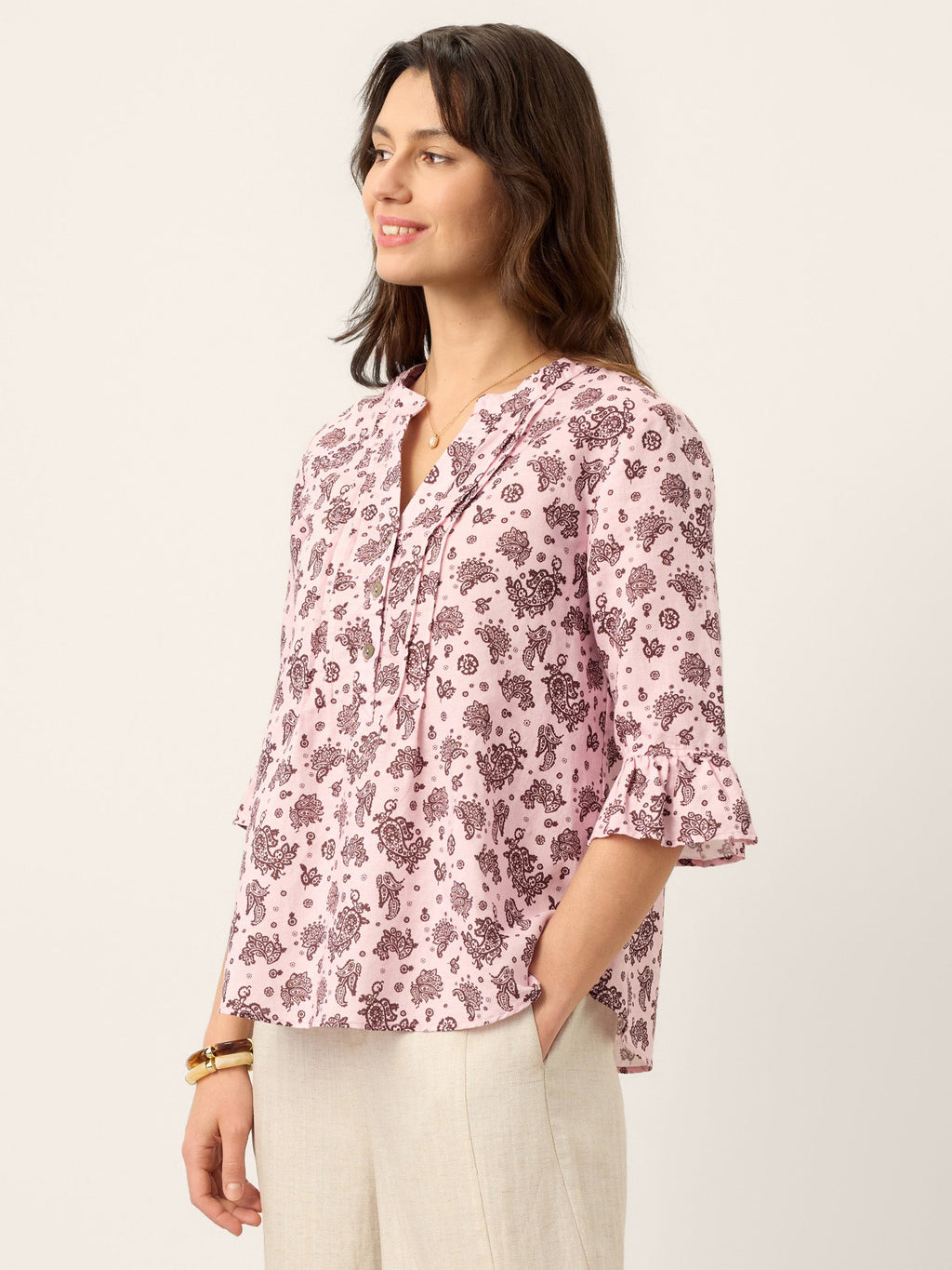 LINTICO Linen Paisley Pintucked Ruffle-Cuff Curved Hem Blouse ILARIA — back view