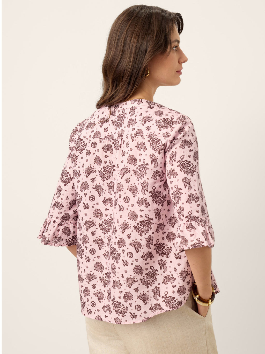 LINTICO Linen Paisley Pintucked Ruffle-Cuff Curved Hem Blouse ILARIA — side view