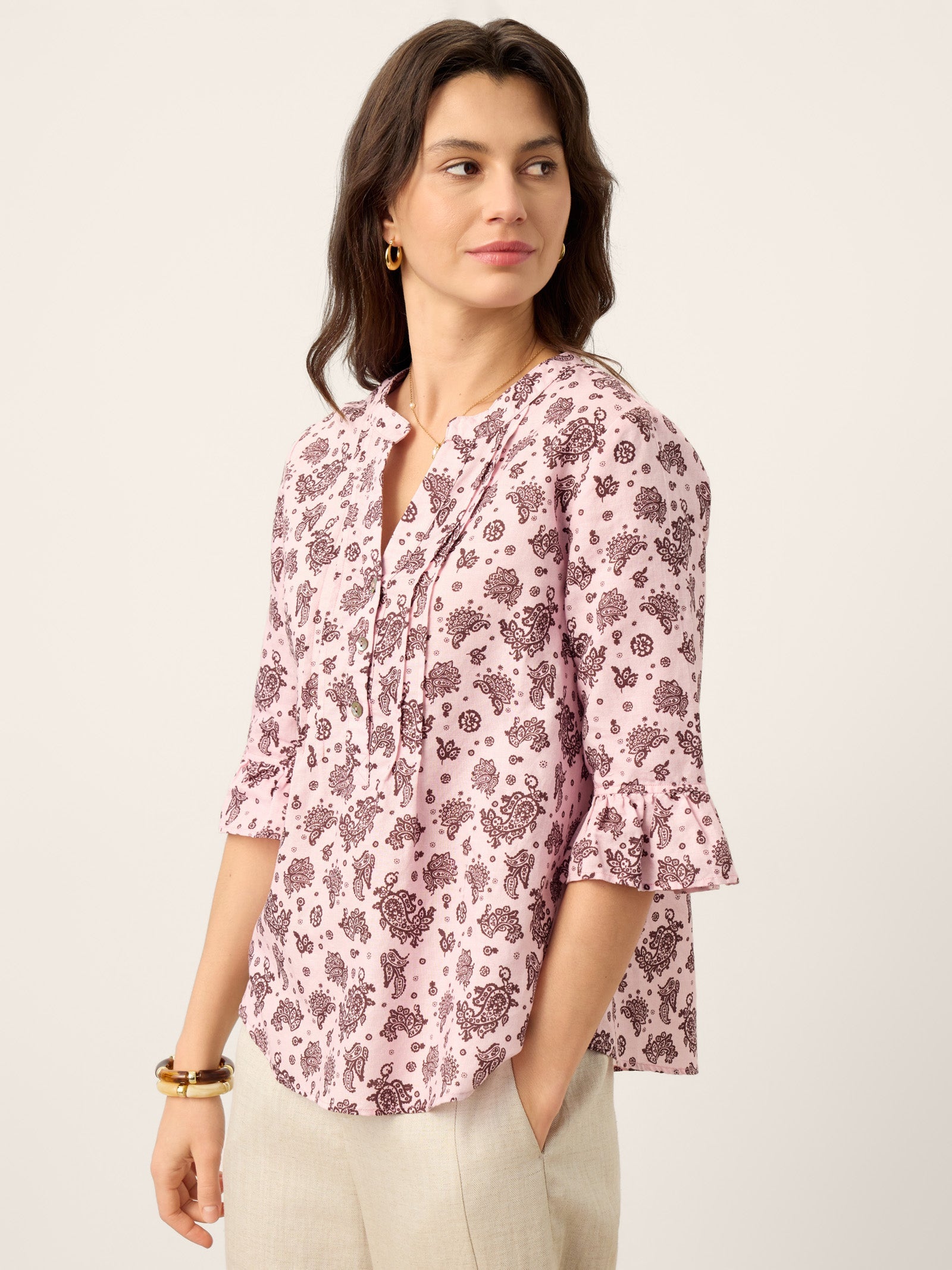 LINTICO Linen Paisley Pintucked Ruffle-Cuff Curved Hem Blouse ILARIA — alternative angle
