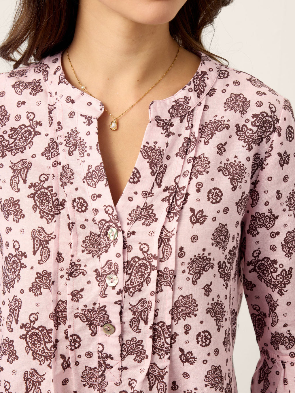 LINTICO Linen Paisley Pintucked Ruffle-Cuff Curved Hem Blouse ILARIA — in-use photo