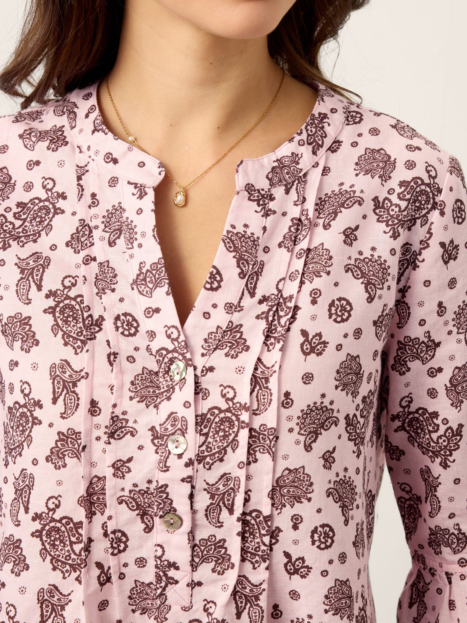 LINTICO Linen Paisley Pintucked Ruffle-Cuff Curved Hem Blouse ILARIA — in-use photo