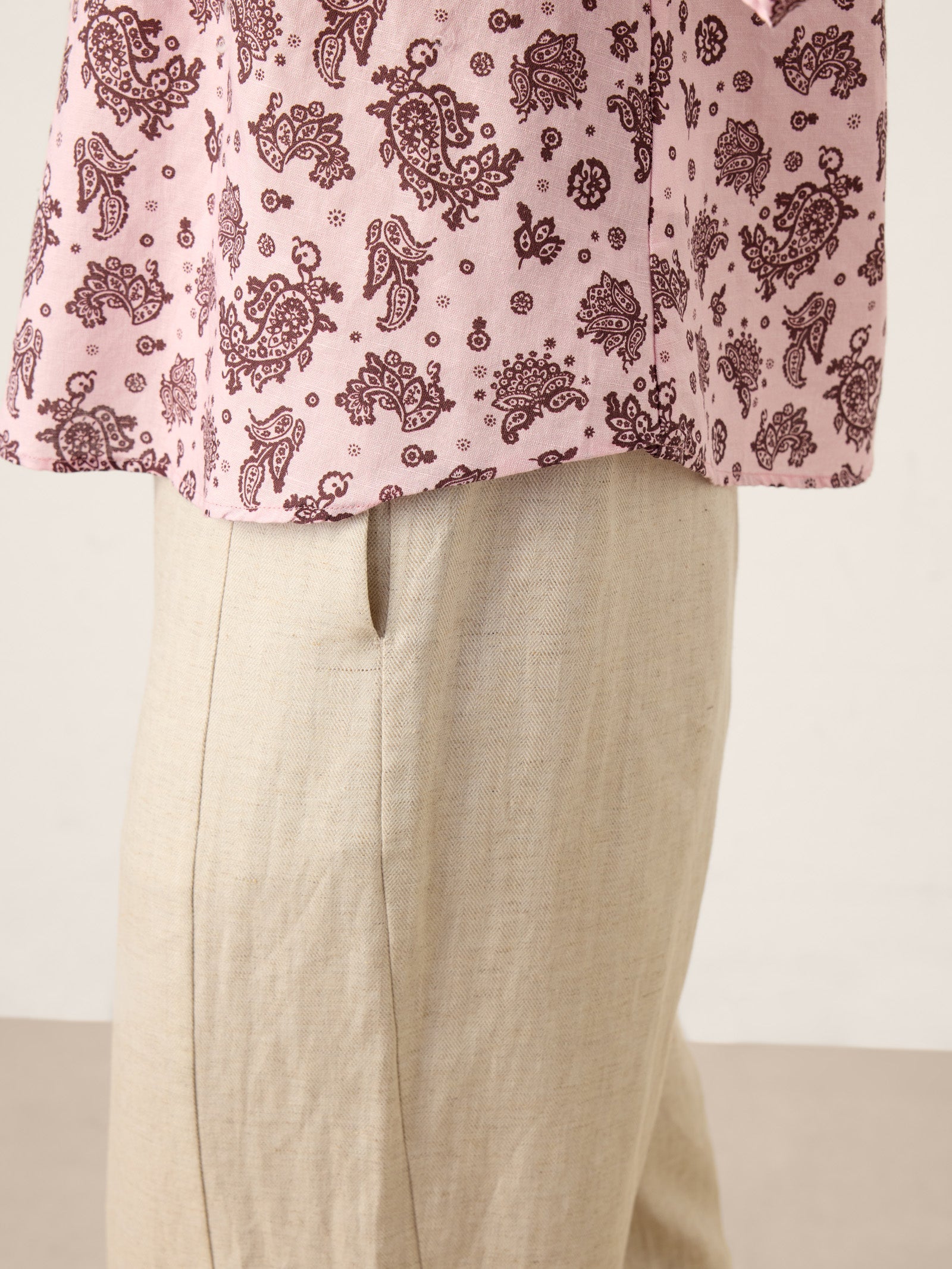 LINTICO Linen Paisley Pintucked Ruffle-Cuff Curved Hem Blouse ILARIA — color detail