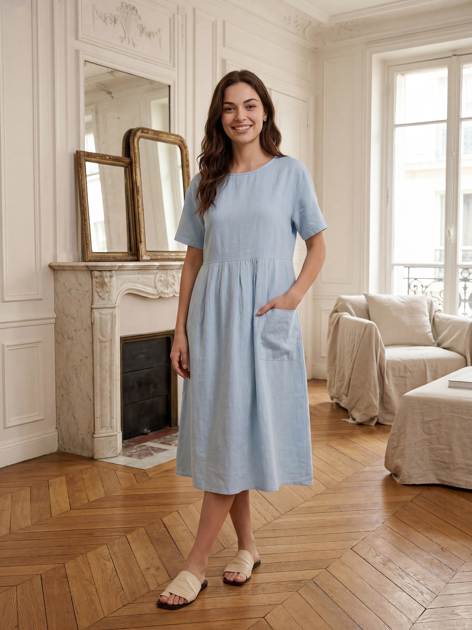 LINTICO 100% Linen Pinstripe Paneled Short-Sleeved Dress MORGAN — fabric or material detail
