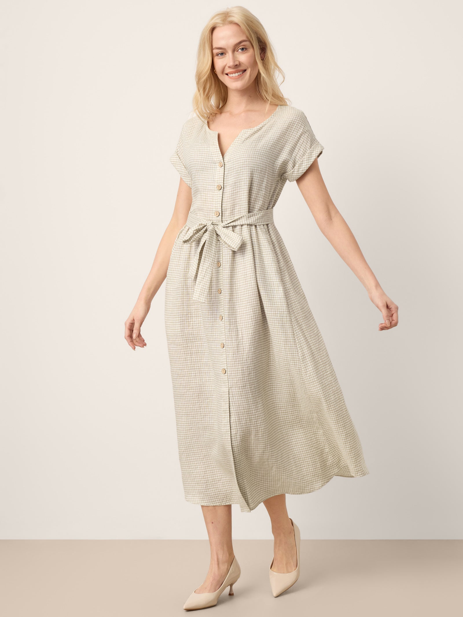 LINTICO 100% Linen Plaid Detachable Tie-Belt Button-Front Maxi Dress LARISSA — LINTICO branding close-up