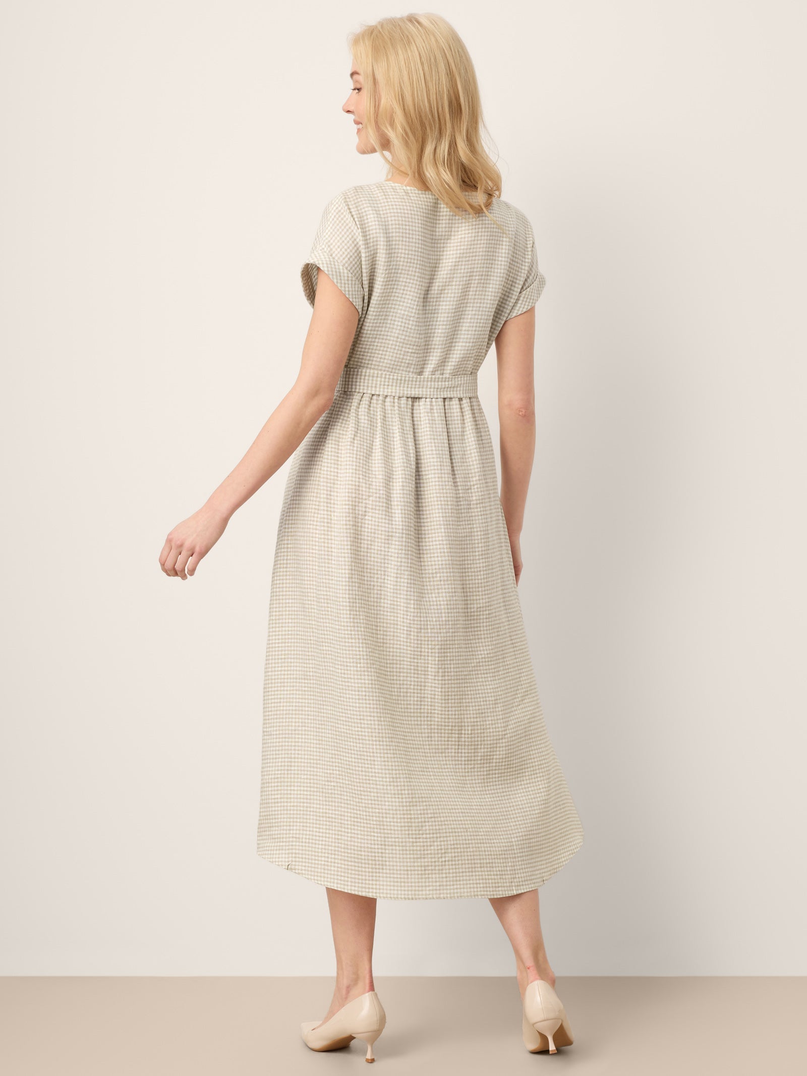 LINTICO 100% Linen Plaid Detachable Tie-Belt Button-Front Maxi Dress LARISSA — lifestyle worn / used context