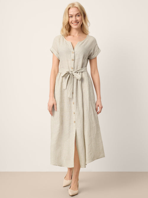 LINTICO 100% Linen Plaid Detachable Tie-Belt Button-Front Maxi Dress LARISSA — main product shot