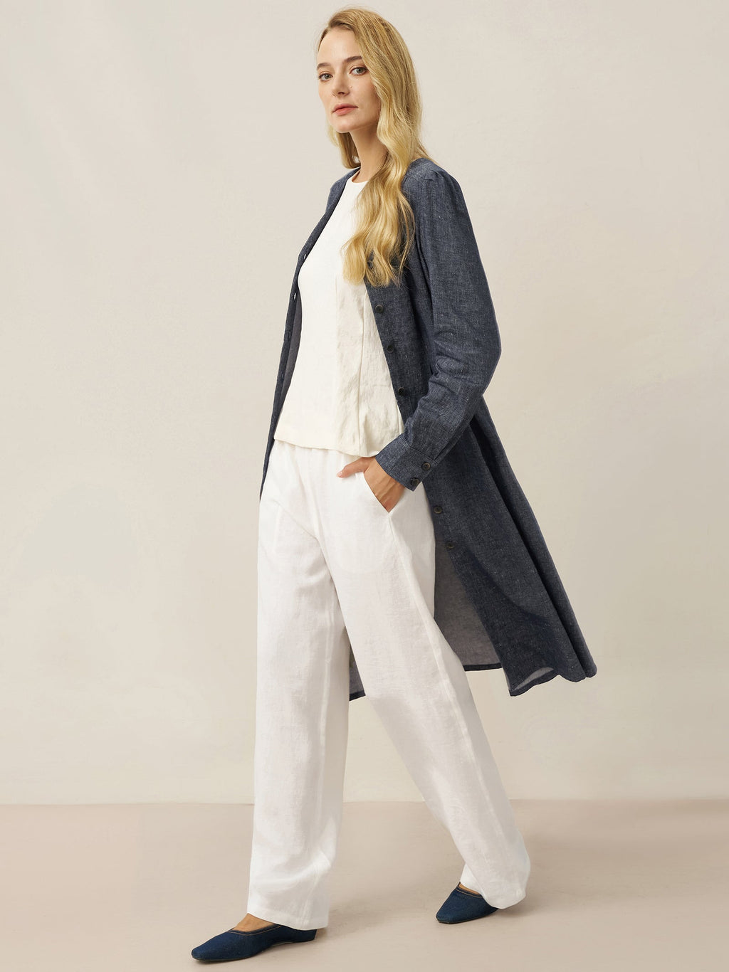 LINTICO 100% Linen Relaxed Fit Straight Leg Trousers KINSLEY — fabric or material detail