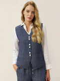 LINTICO 100% Linen Reversible Denim Texture Button Front Vest HARPER — main product shot