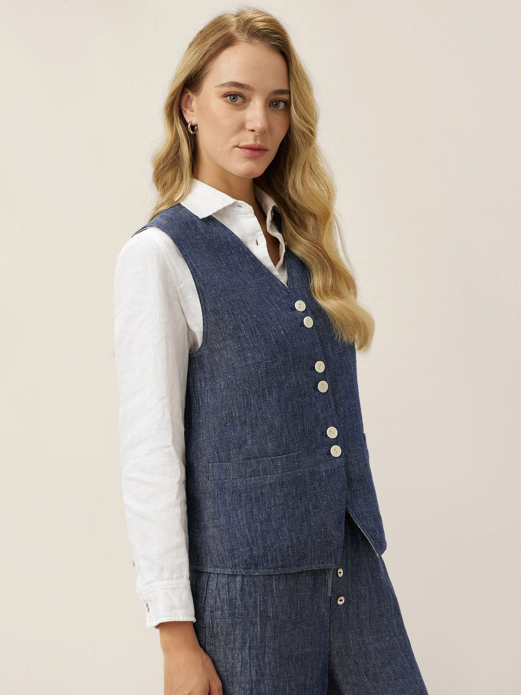 LINTICO 100% Linen Reversible Denim Texture Button Front Vest HARPER — lifestyle worn / used context
