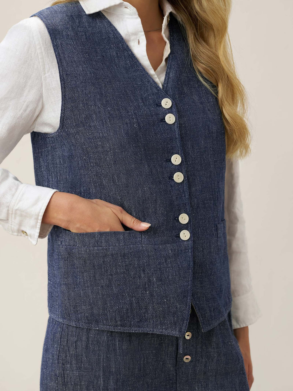 LINTICO 100% Linen Reversible Denim Texture Button Front Vest HARPER — outerwear-vests-linen category context