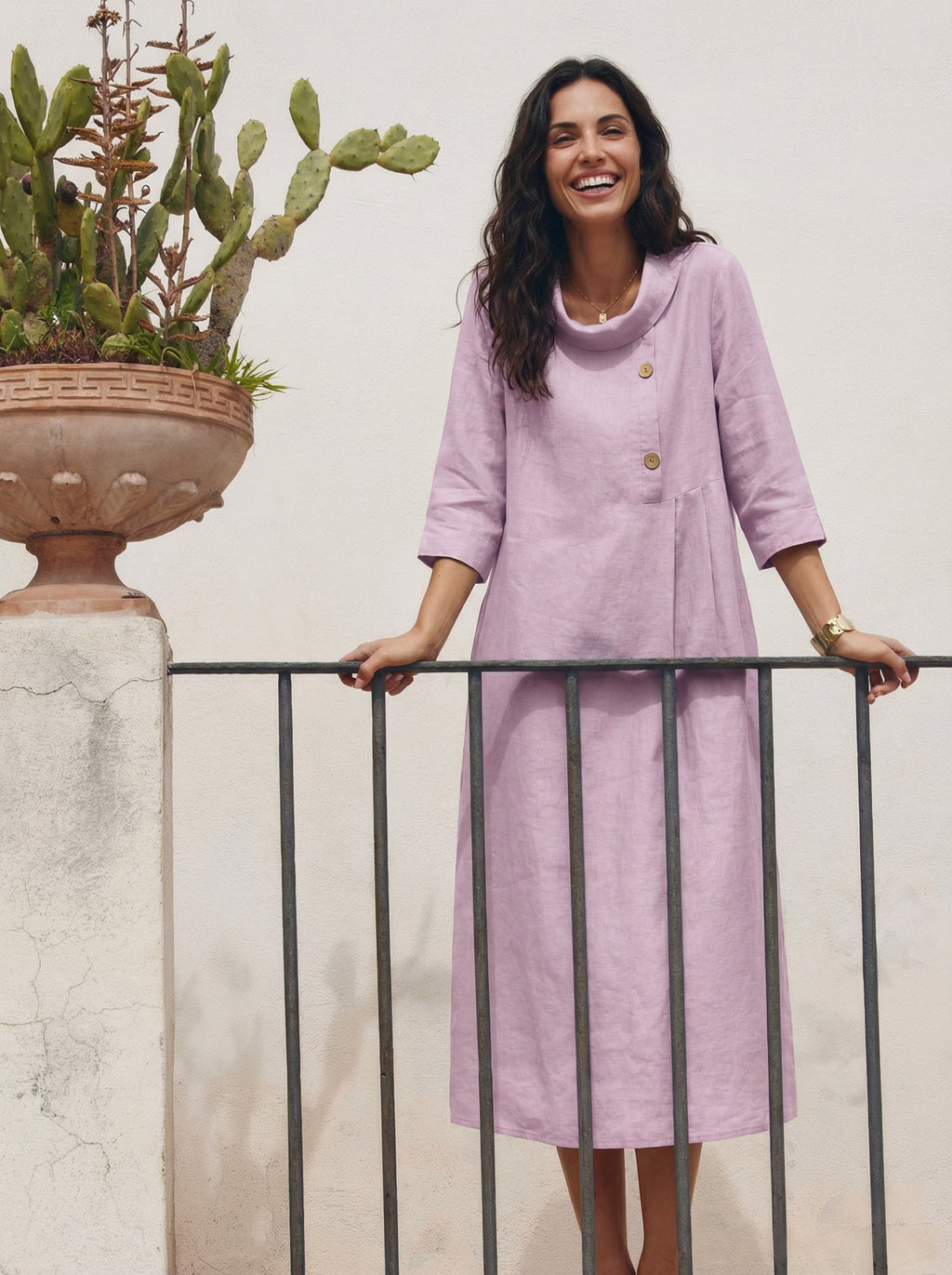 LINTICO 100% Linen Rolled Collar Asymmetric Button Maxi Dress ELARAINE — comparison shot