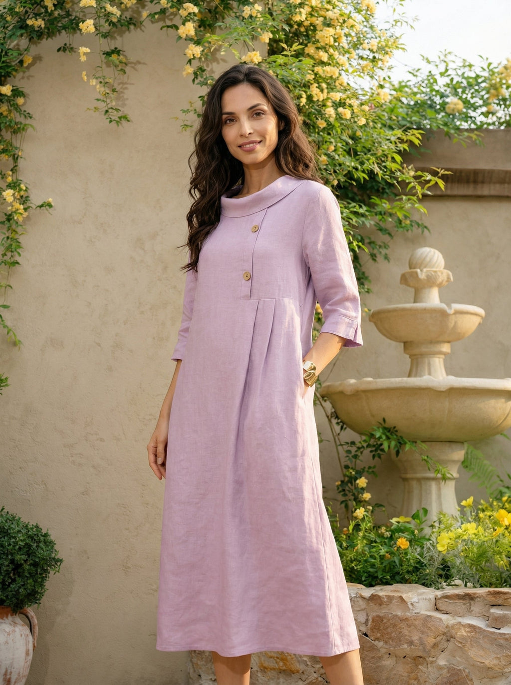 LINTICO 100% Linen Rolled Collar Asymmetric Button Maxi Dress ELARAINE — detail shot 10
