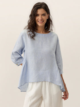 100% Linen Round Neck Artistic Stripe Top FLORENCE