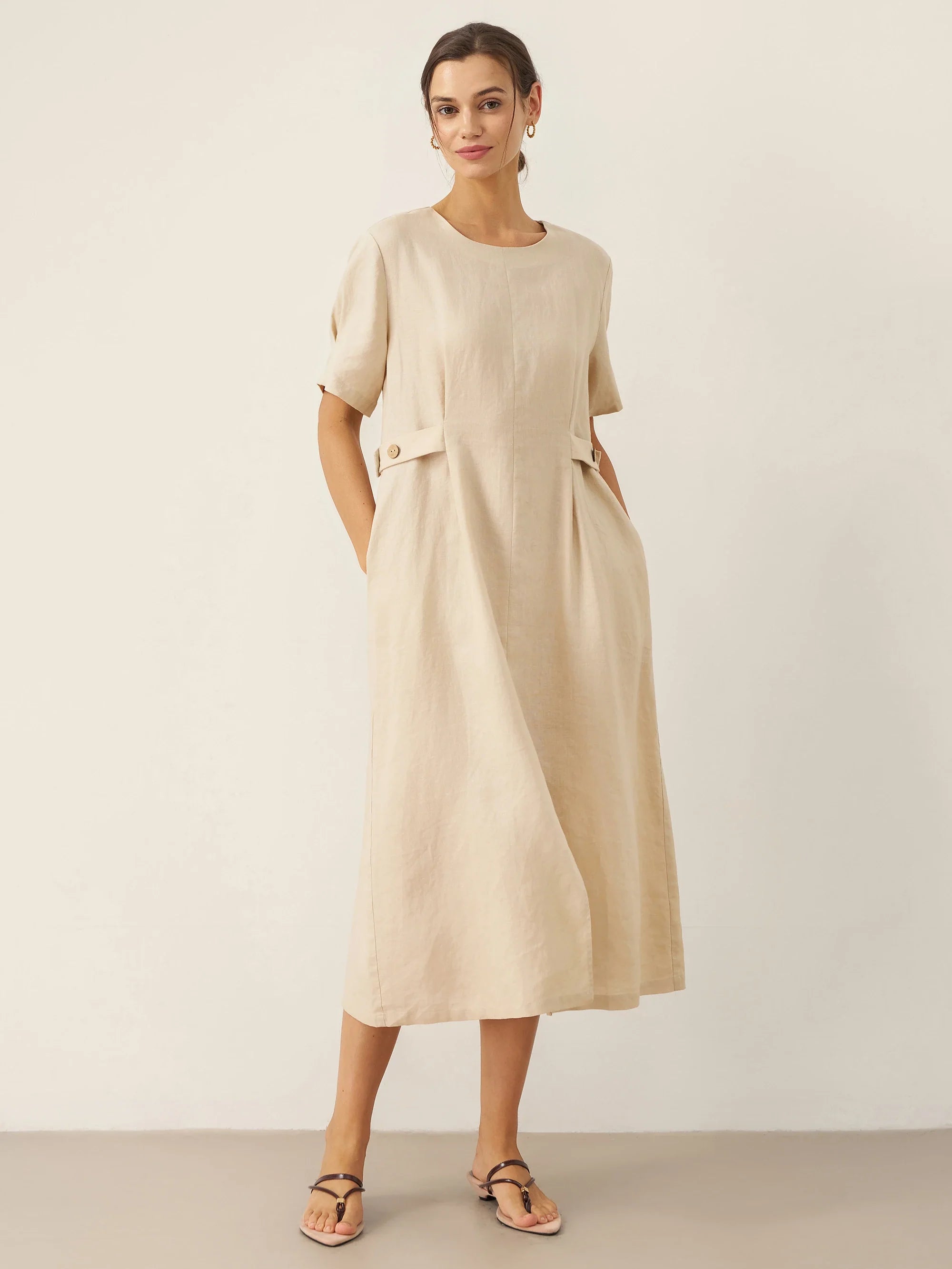 LINTICO 100% Linen Round Neck Button-Tie Maxi Dress XANDRA — main product shot