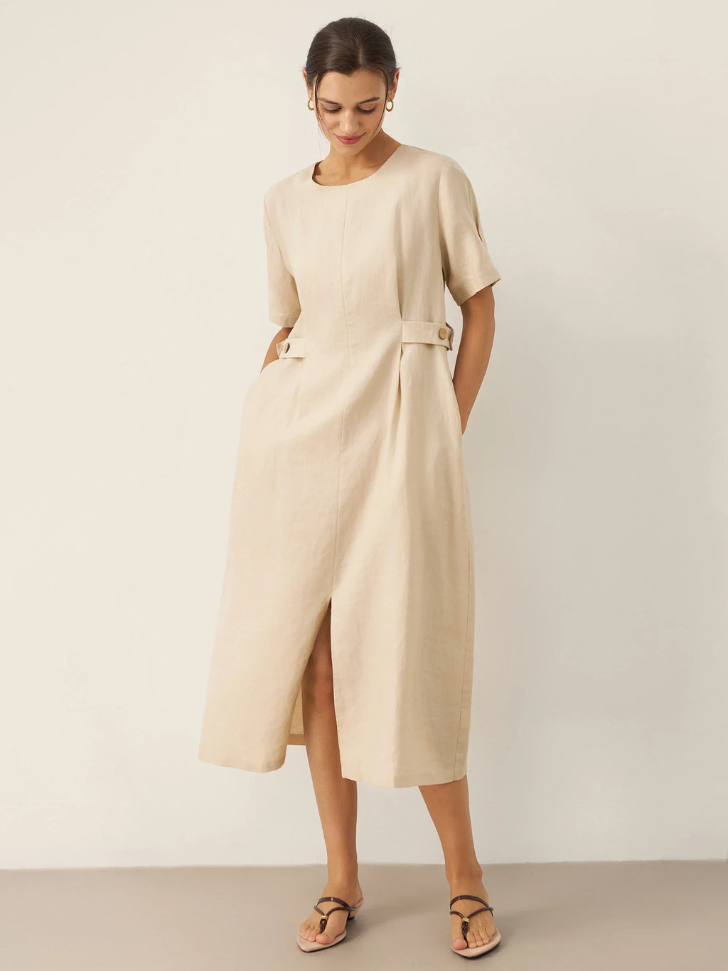 LINTICO 100% Linen Round Neck Button-Tie Maxi Dress XANDRA — LINTICO branding close-up