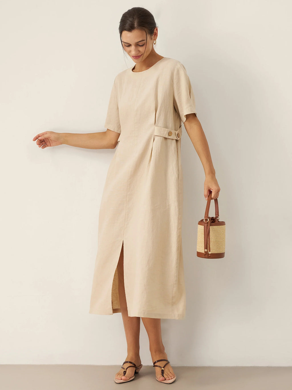 LINTICO 100% Linen Round Neck Button-Tie Maxi Dress XANDRA — lifestyle worn / used context