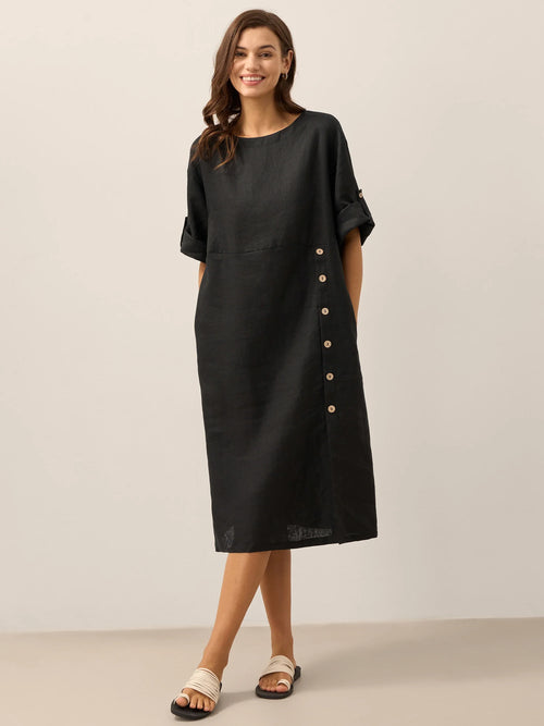 LINTICO 100% Linen Round Neck Button Detail Midi Dress JELENA — main product shot