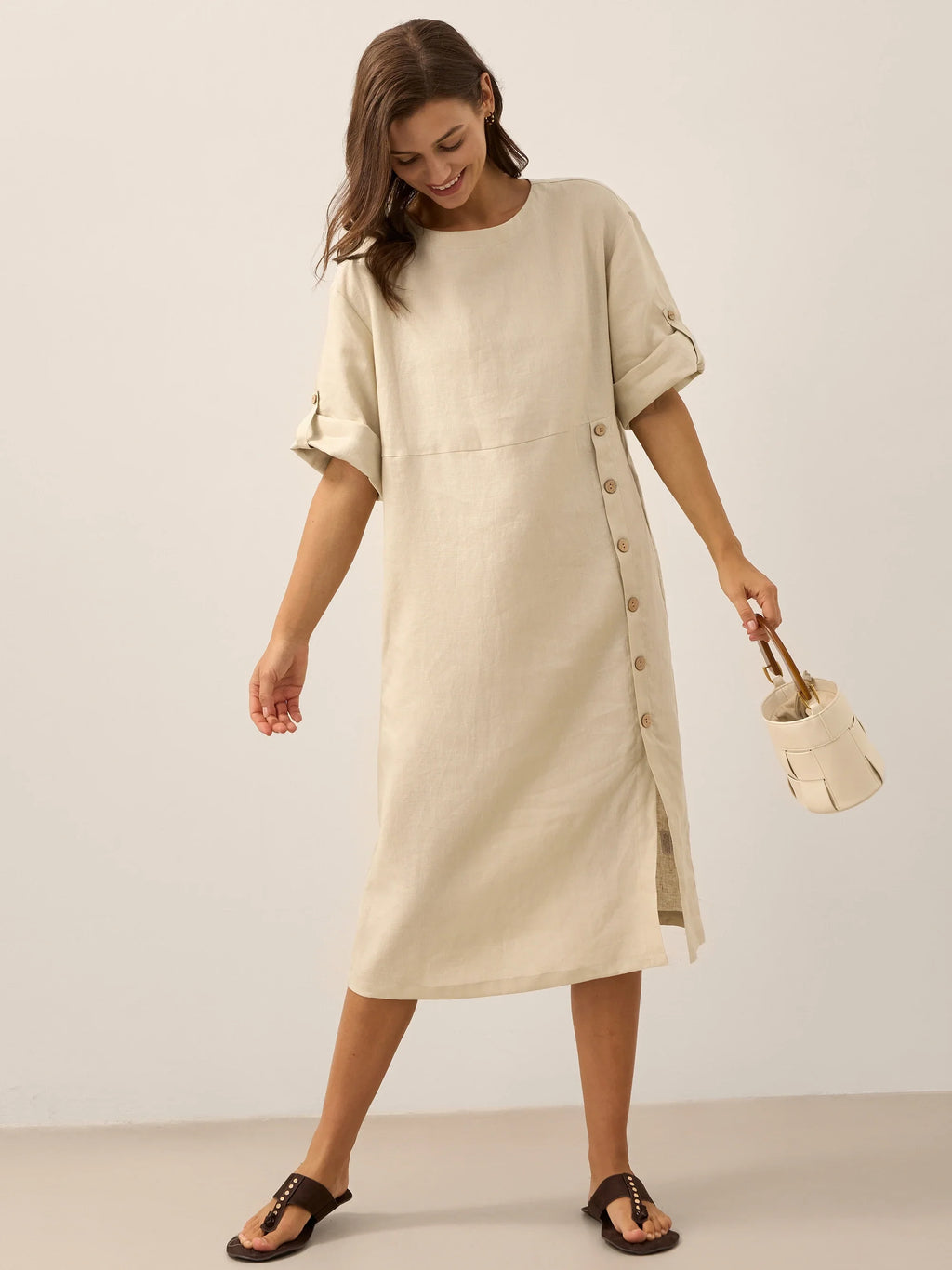 LINTICO 100% Linen Round Neck Button Detail Midi Dress JELENA — back view