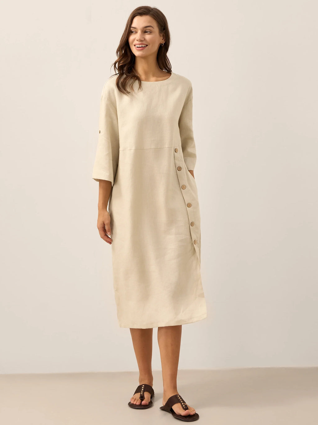 LINTICO 100% Linen Round Neck Button Detail Midi Dress JELENA — detail close-up