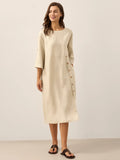 LINTICO 100% Linen Round Neck Button Detail Midi Dress JELENA — detail close-up