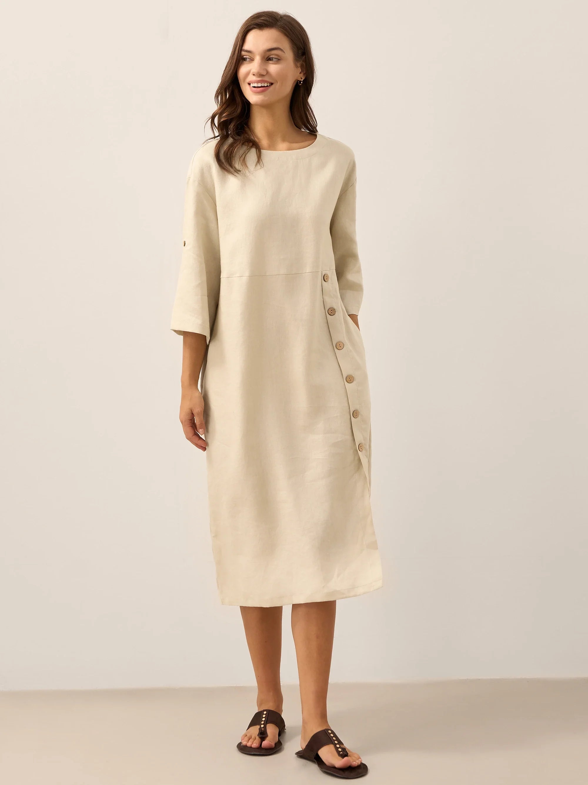 LINTICO 100% Linen Round Neck Button Detail Midi Dress JELENA — detail close-up