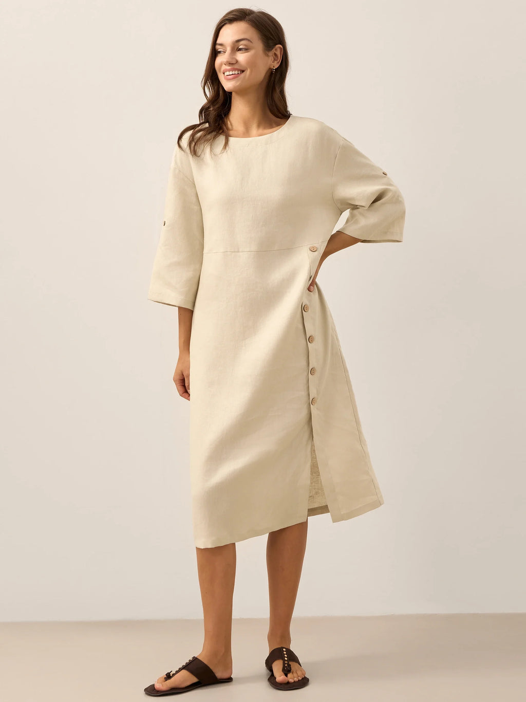 LINTICO 100% Linen Round Neck Button Detail Midi Dress JELENA — side view